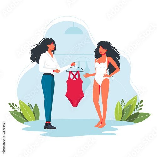 consultant gives a woman to try on a swimsuit. Personal stylist. Woman tries clothes with fashion consultant. Friend woman and man together purchase swimsuit, vector. Concept vogue boutique