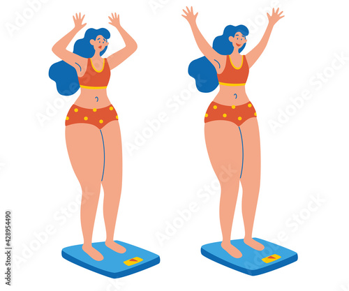 Woman on scale sad and happy. Two girls stand on the scales. Emotions and mood female. Weight loss ideas. Diet. Cartoon flat style vector.