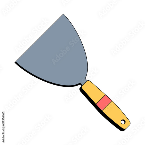 Yellow putty knife, spatula. Building tool. Construction equipment. Vector illustration in flat style on white isolated background. Icon.