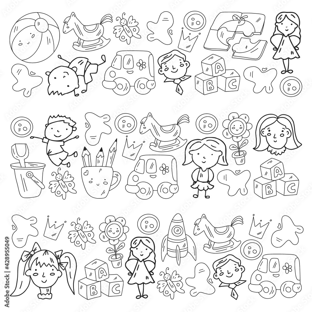 Kindergarten pattern with little children and toys. Creativity and imagination.