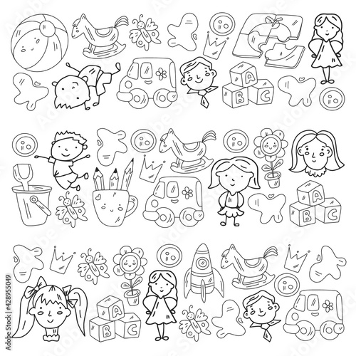 Kindergarten pattern with little children and toys. Creativity and imagination.