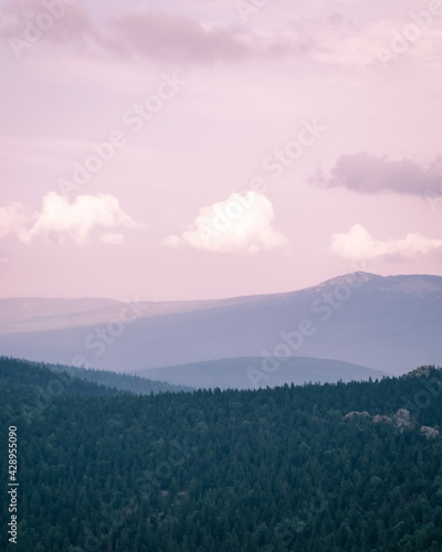Photography of the mountains and sky. Beautiful nature in the sunset, purple sky and clouds. Outdoor scenery, green forest. Travel concept.