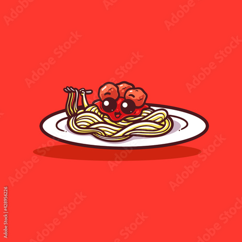 a cute Spaghetti illustration wanting to give a bribe to a restaurant customer