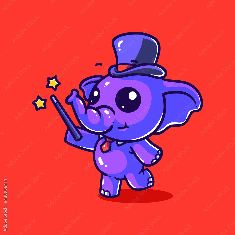 illustration of a cute elephant standing on one leg while wearing a tie, magician hat and holding a magic stick illustration of a cute elephant standing on one leg while wearing a tie, magician hat and holding a magic stick