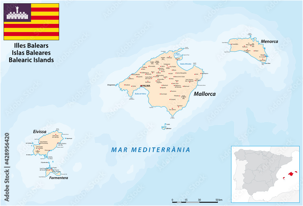 Fototapeta premium vector map of the Balearic Islands in the western Mediterranean sea 