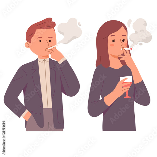 business woman and man smoking addiction in office holding wine beverages