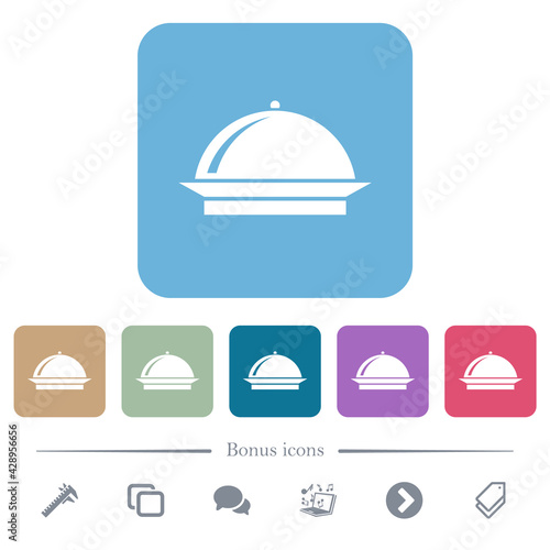Food tray with gloss flat icons on color rounded square backgrounds