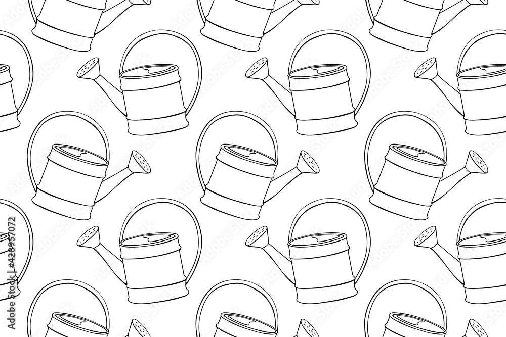 Seamless pattern with watering cans. Hand drawn outline vector background and texture in doodle style, isolated. Gardening tools for working in the garden, on the farm, in the dacha, country site Seamless pattern with watering cans. Hand drawn outline vector background and texture in doodle style, isolated. Gardening tools for working in the garden, on the farm, in the dacha, country site