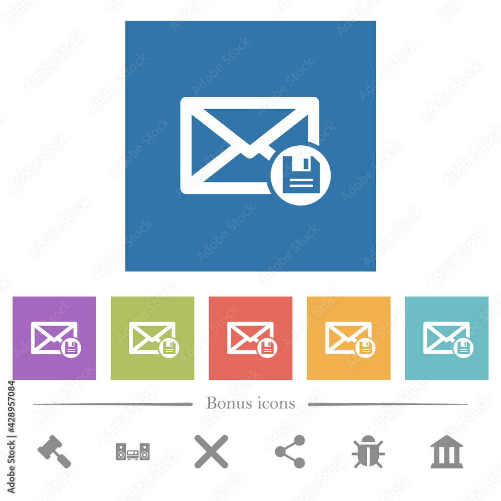 Archive mail flat white icons in square backgrounds