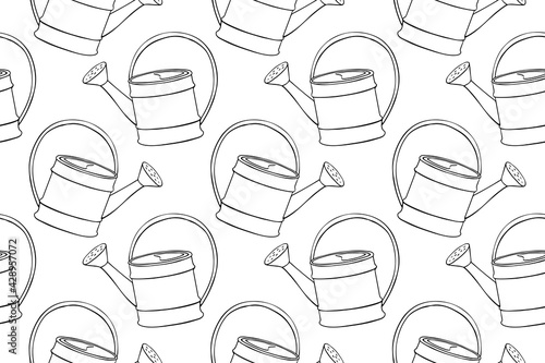 Seamless pattern with watering cans. Hand drawn outline vector background and texture in doodle style, isolated. Gardening tools for working in the garden, on the farm, in the dacha, country site