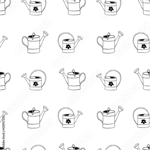 Seamless pattern with watering cans. Hand drawn outline vector background and texture in doodle style, isolated. Gardening tools for working in the garden, on the farm, in the dacha, country site