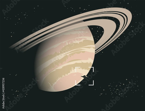 Vector banner on the topic of extraterrestrial civilizations. Space sci-fi background with UFO on the background of the planet Saturn, a view from space. Alien flying saucer and gas giant in dark sky