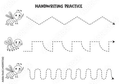 Tracing lines with black and white gnat and fly. Writing practice.