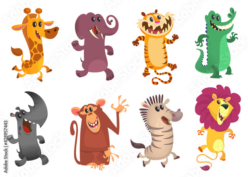 Cartoon funny African animals set. Vector illustration of cute and happy tiger, giraffe, monkey, zebra, lion, crocodile and elephant. Isolated on white