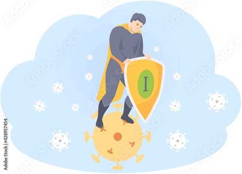 Battle looser superhero as symbol of human immunity succumb to illness. Hero stands on coronavirus