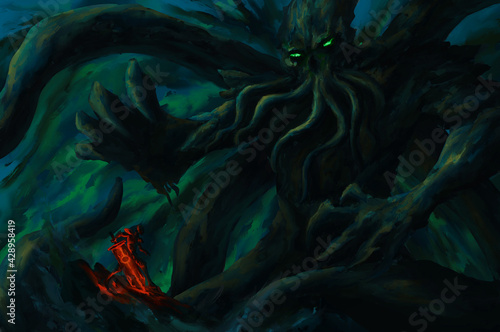 Fotografía warrior holding blaze sword standing looking Cthulhu,Cosmic monster, sea monster,strom bad weather ,digital art, Illustration painting