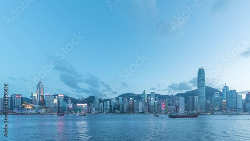 Time lapse of panorama of Victoria Harbor of Hong Kong city from day to night