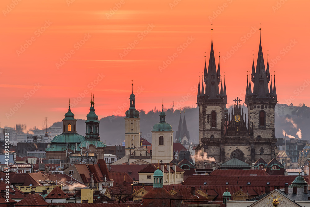 The Church of Our Lady before Týn in Prague right before the sunrise. 