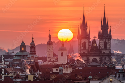 The sun sets up over the Church of Our Lady before Týn in Prague.