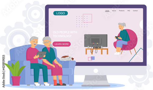 Elderly parents sitting at computer and talking to daughter. Online communication via Internet