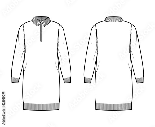 Zip-up dress Sweater technical fashion illustration with rib henley neck, classic collar, long sleeves, oversized, knit trim. Flat apparel front, back, white color style. Women, men unisex CAD mockup