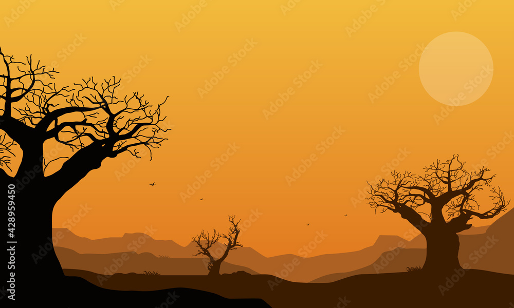 A dramatic silhouette of dry tree silhouettes under a magnificent twilight sky. Vector illustration