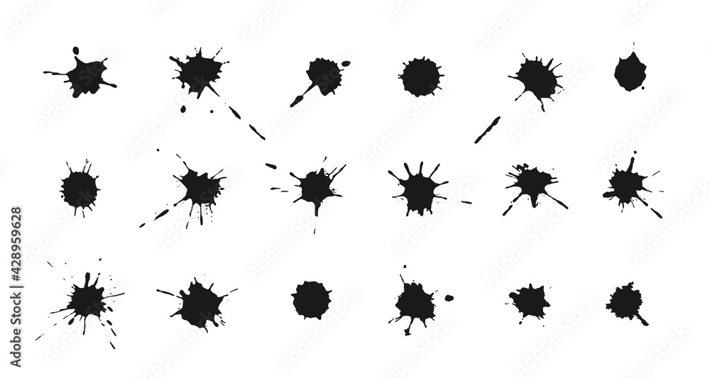 Ink blots and splashes. Collection of handdrawn blobs, drops and spatters