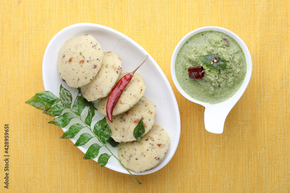 rava idli and mint and coconut chutney a south Indian breakfast rava idli and mint and coconut chutney a south Indian breakfast