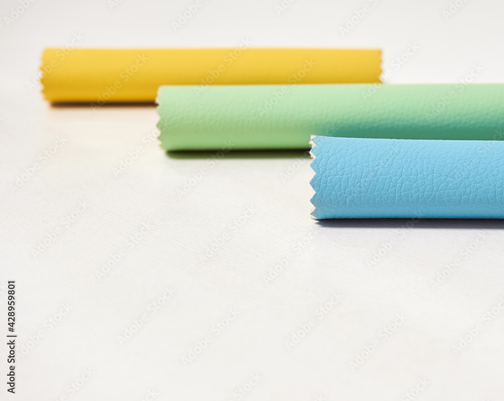 Leather samples in various colors. Leather samples in various colors.