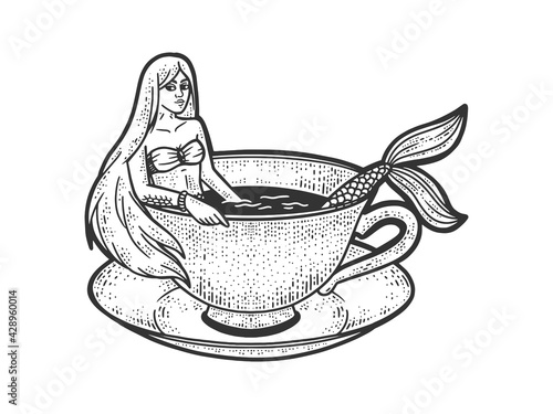 Mermaid taking a bath in cup of coffee sketch engraving vector illustration. T-shirt apparel print design. Scratch board imitation. Black and white hand drawn image.