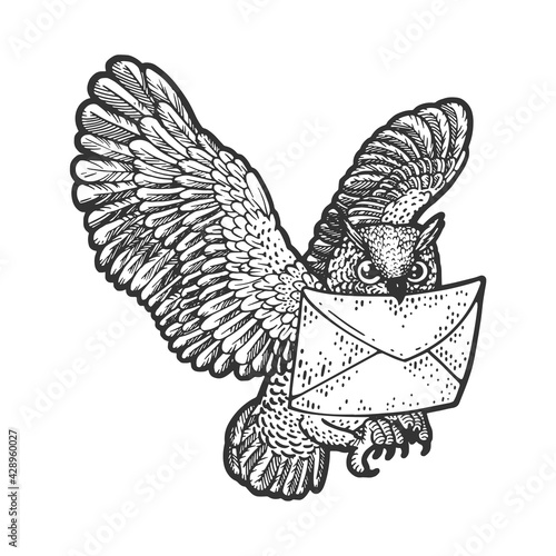 Owl with mail letter sketch engraving vector illustration. T-shirt apparel print design. Scratch board imitation. Black and white hand drawn image.