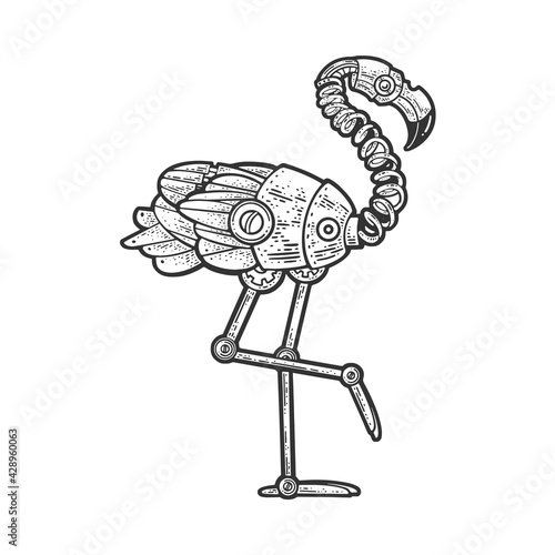 Mechanical flamingo bird sketch engraving vector illustration. T-shirt apparel print design. Scratch board imitation. Black and white hand drawn image.