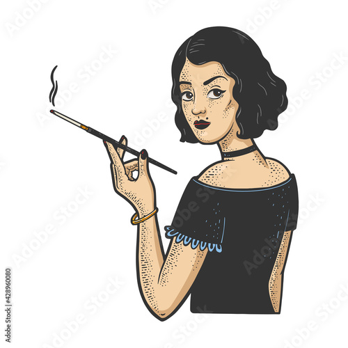 girl with mouthpiece cigarette holder and cigarette color sketch engraving vector illustration. T-shirt apparel print design. Scratch board imitation. Black and white hand drawn image.