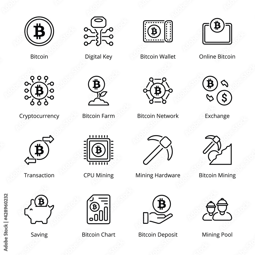 Bitcoin Mining Outline Icons - Stroked, Vectors Bitcoin Mining Outline Icons - Stroked, Vectors