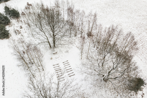 Aerial view of open air church in winter. photo