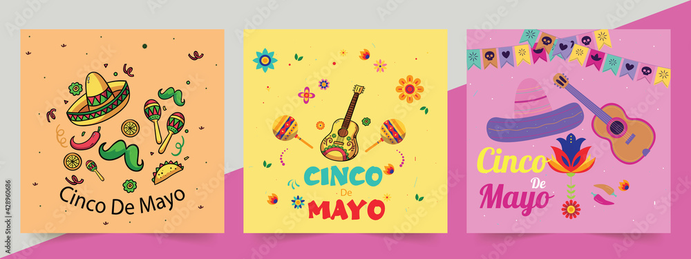 Cinco de Mayo - May 5, a federal holiday in Mexico. Cinco de Mayo Collection posters. banner and poster design with flags, decorations, flowers.