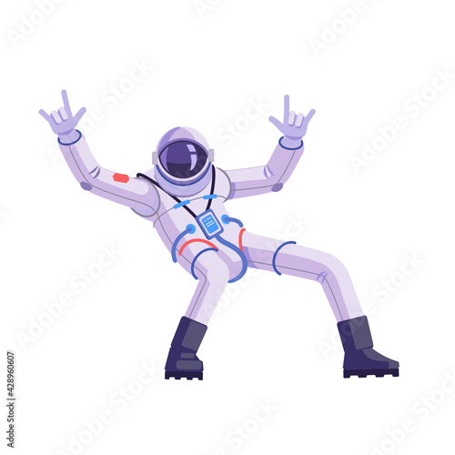 Astronaut dancing, funny gesture. Cartoon vector illustration isolated in white background