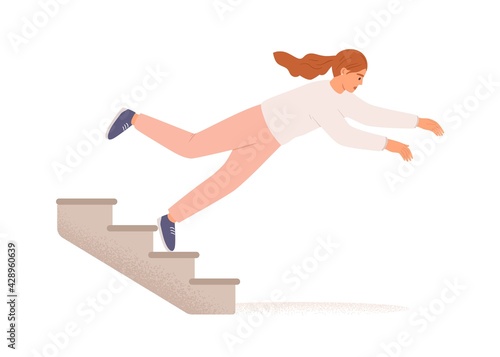 Employee falling down from career ladder. Sudden fall of woman from stairs. Work failure, fiasco, life problems and obstacles concept. Colored flat vector illustration isolated on white background