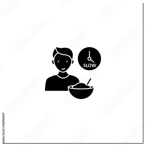 Mindful eating glyph icon. Eating slowly. Savoring every bite.Enjoy meal. Conscious nutrition. Healthcare concept.Filled flat sign. Isolated silhouette vector illustration