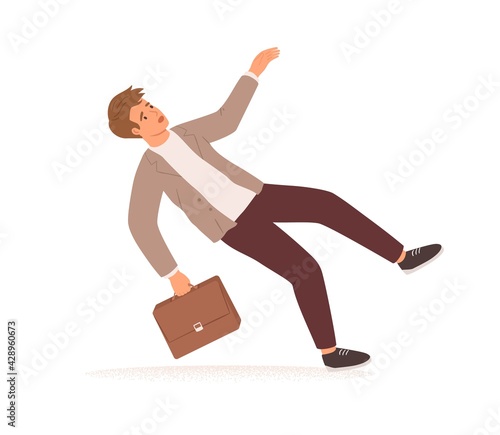 Businessman stumbling and falling down. Fall of young man with briefcase. Career failure, fiasco, crisis, problem and trouble concept. Colored flat vector illustration isolated on white background