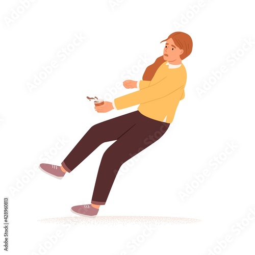 Scared person with coffee cup stumbling and falling down. Accident fall of frightened woman. Concept of failure or fear. Colored flat vector illustration isolated on white background