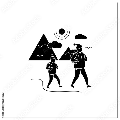 Friluftsliv glyph icon. Family hiking. Dad and son go camping. Mountain landscape.Nordic outdoor activities concept.Filled flat sign. Isolated silhouette vector illustration