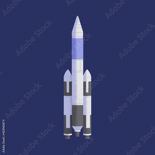 Rocket flying in space. Isolated futuristic rocketship or spaceship during spaceflight. Flight of intergalactic shuttle. Spacewalk of spacecraft. Colored flat vector illustration of cosmic transport