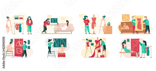 Set of illustrations about tailoring to order. People in swimsuits look at clothes in atelier