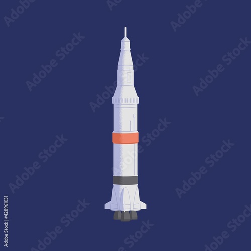 Isolated rocket flying up. Futuristic rocketship or spaceship during space travel. Flight of intergalactic shuttle. Spaceflight of spacecraft. Colored flat vector illustration of interstellar