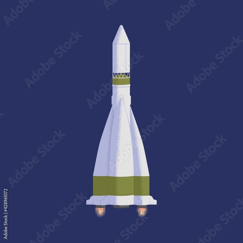 Intergalactic rocket in outer space with engine fire flames. Spaceship flying...
