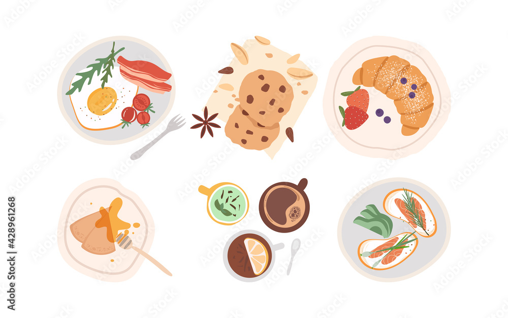 set with breakfast meals and drinks isolated on white background. Bacon and egg, pancakes, sandwiches with salmon and avocado, croissant, cups of tea and coffee. Vector illustration in flat style 