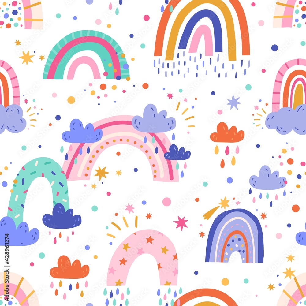 Seamless pattern with cute bright rainbows and rain clouds on white ...