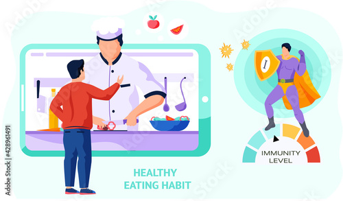 Man watching video of chef cooking salad. Guy looking at culinary blog on screen to improve immunity