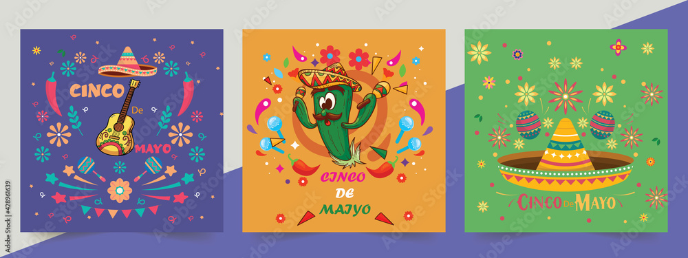 Set of Cinco de mayo party poster template design. Brochure Neon, Light Banner, Typography Mexican Fiesta Party.